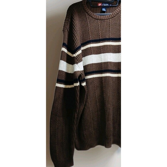 VTG Y2K Chaps Ralph Lauren Men’s XL Brown Striped Knit Cotton Sweater Preppy - Picture 2 of 10